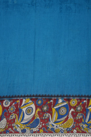 Peacock Design Border Plain Capri Blue Printed Kalamkari Cotton Saree