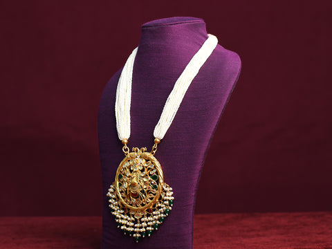 Peacock Design Pendant With Polki Stone Gold Plated Pure Silver Adjustable Mani Maalai