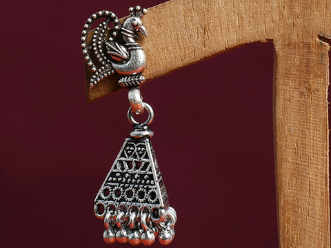 Peacock Design Stud With Pure Silver Oxidized Triangle Jhumkas