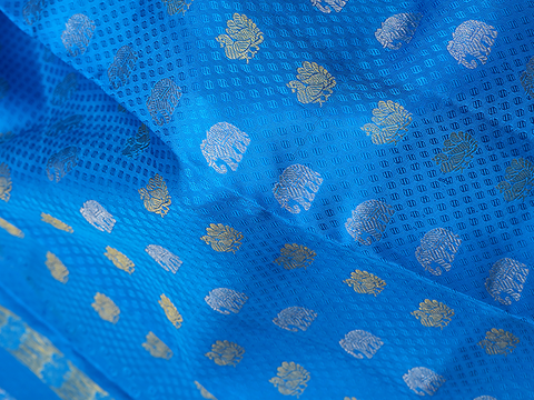 Peacock Elephant Motifs Azure Blue Pavadai Sattai Material