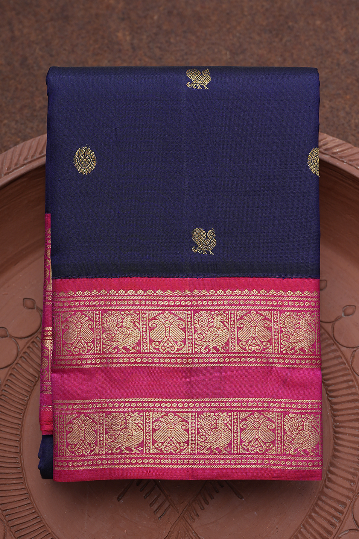 Peacock Floral Buttas Midnight Blue Kanchipuram Silk Saree