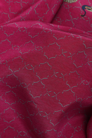Peacock Lotus Printed Border Punch Pink Crepe Saree