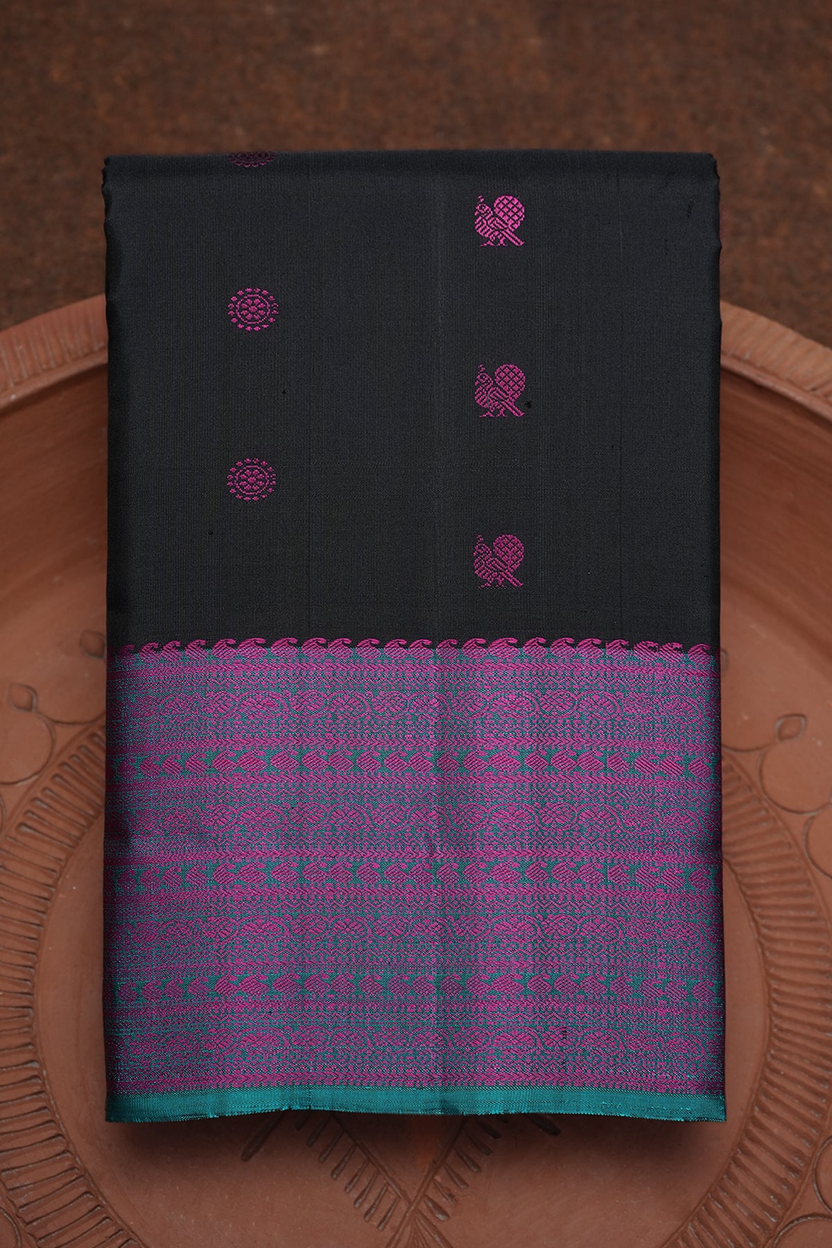 Peacock Floral Threadwork Butta Black Kanchipuram Silk Saree