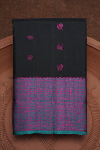 Peacock Floral Threadwork Butta Black Kanchipuram Silk Saree