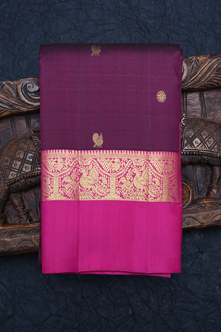 Peacock Floral Zari Buttas Plum Purple Kanchipuram Silk Saree