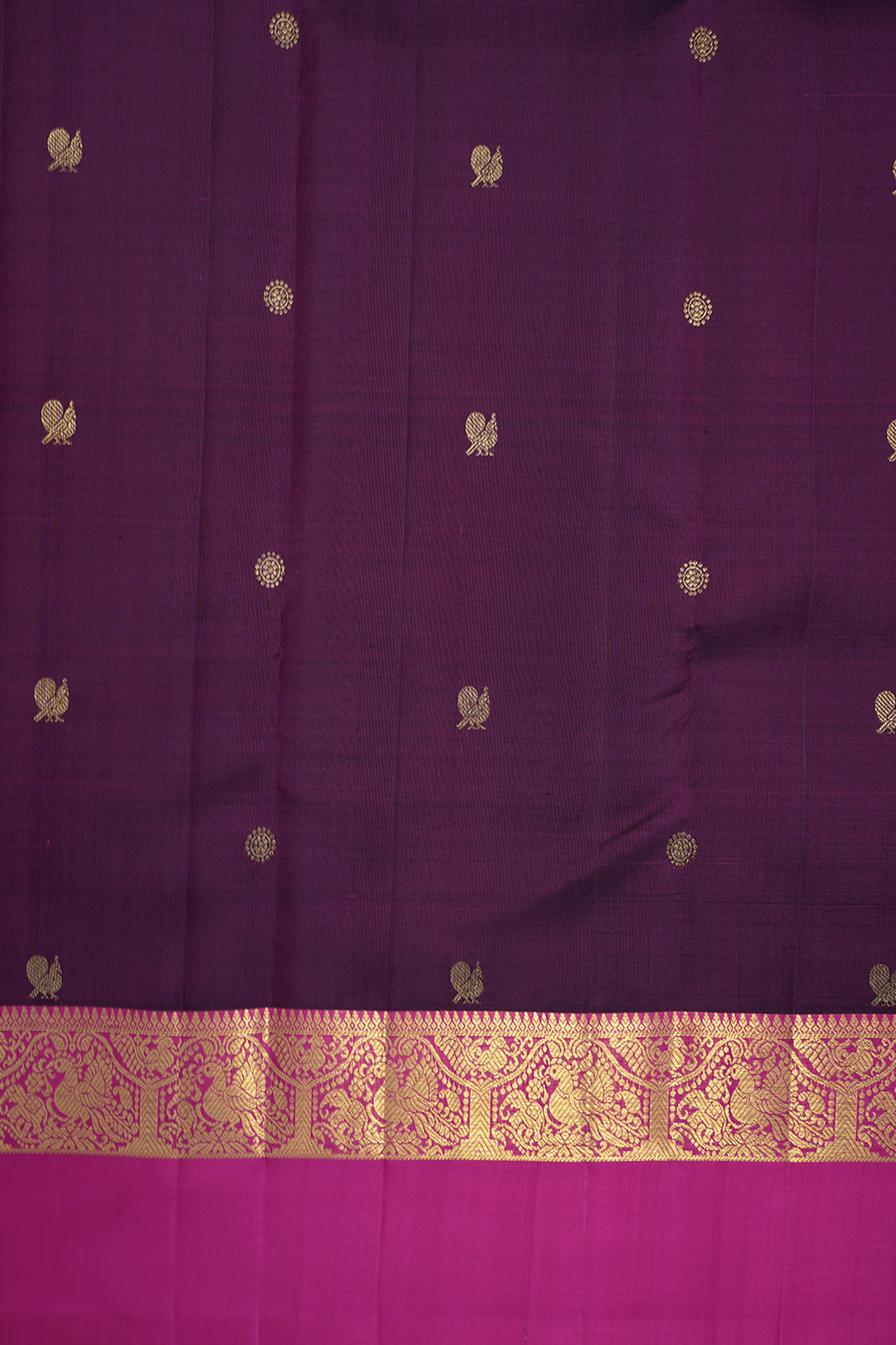 Peacock Floral Zari Buttas Plum Purple Kanchipuram Silk Saree