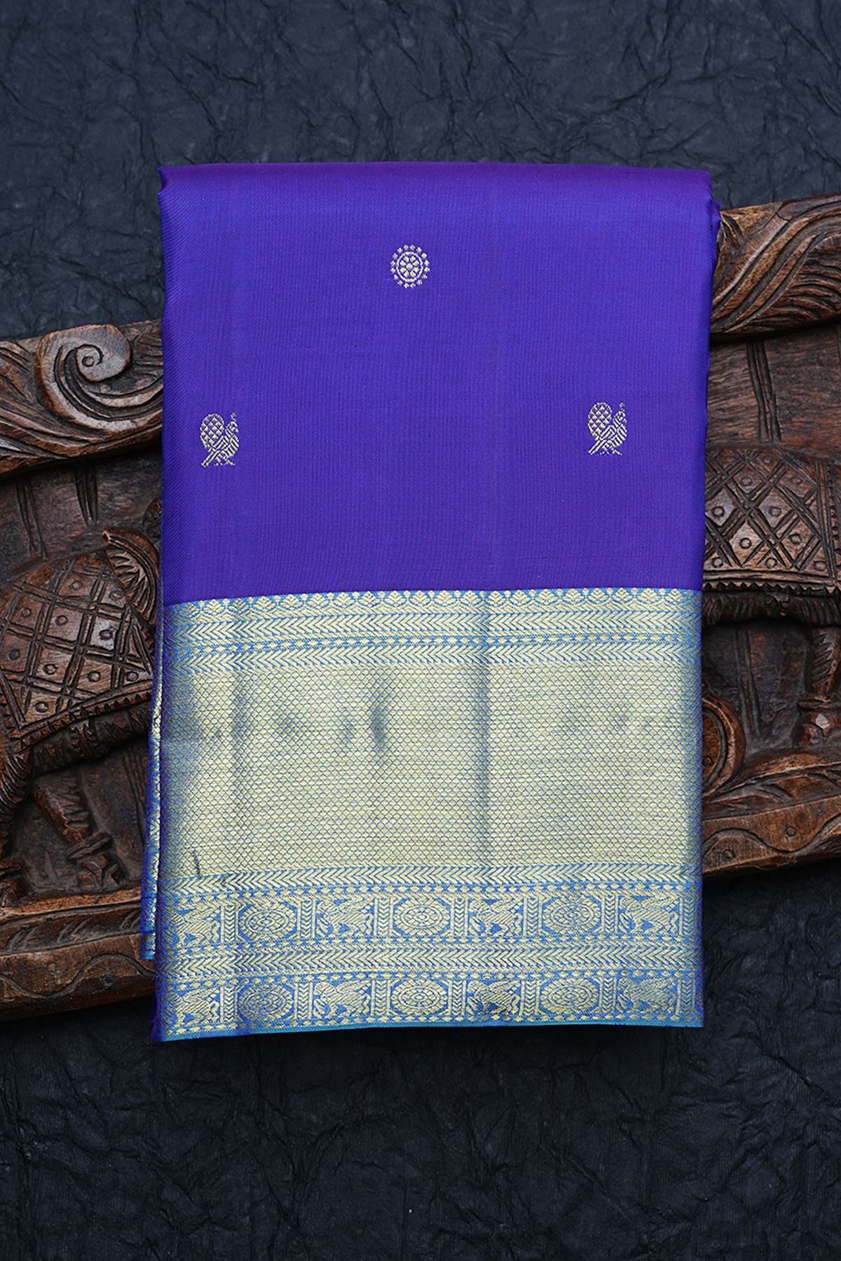 Peacock Floral Zari Buttis Royal Blue Kanchipuram Silk Saree