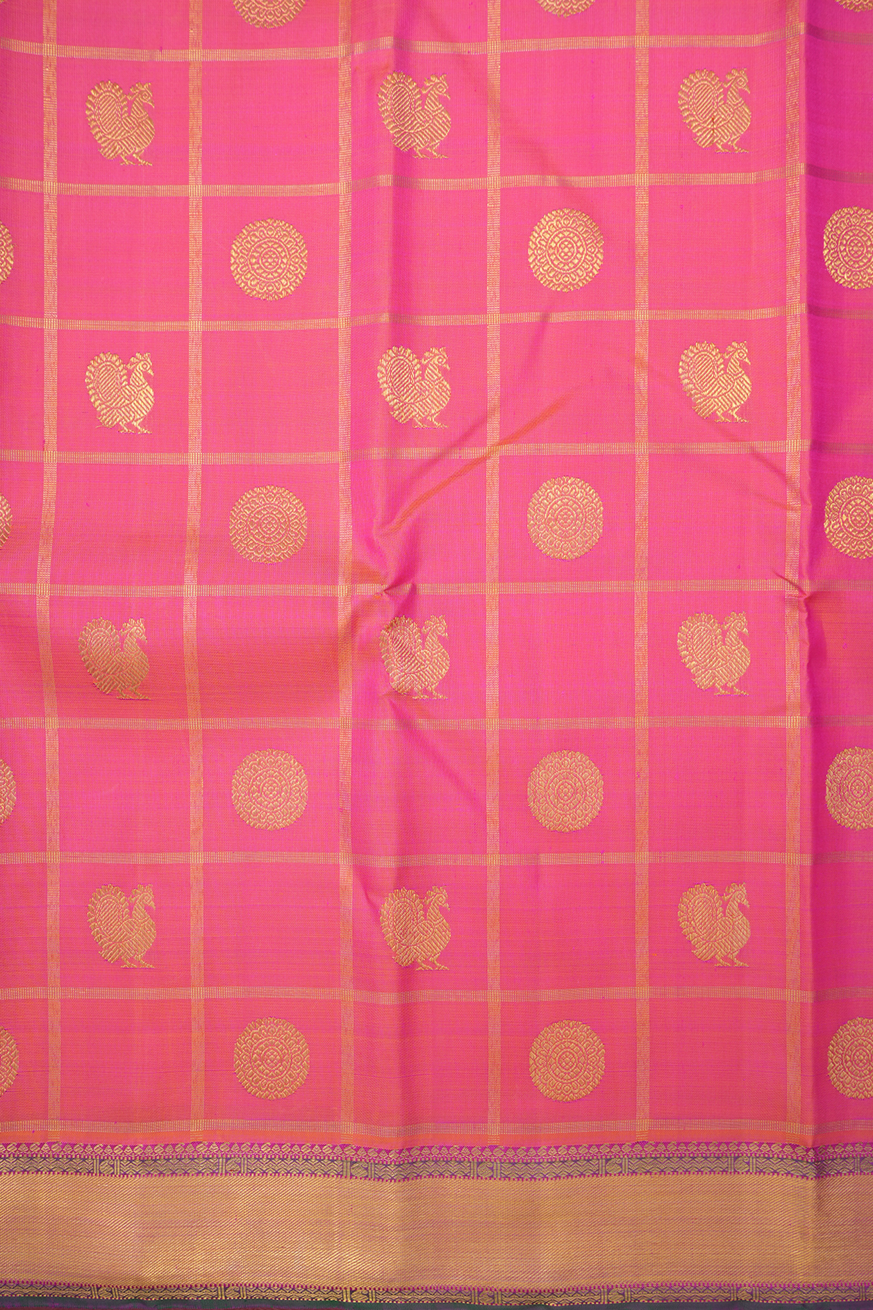 Peacock Floral Zari Checks Coral Pink Kanchipuram Silk Saree