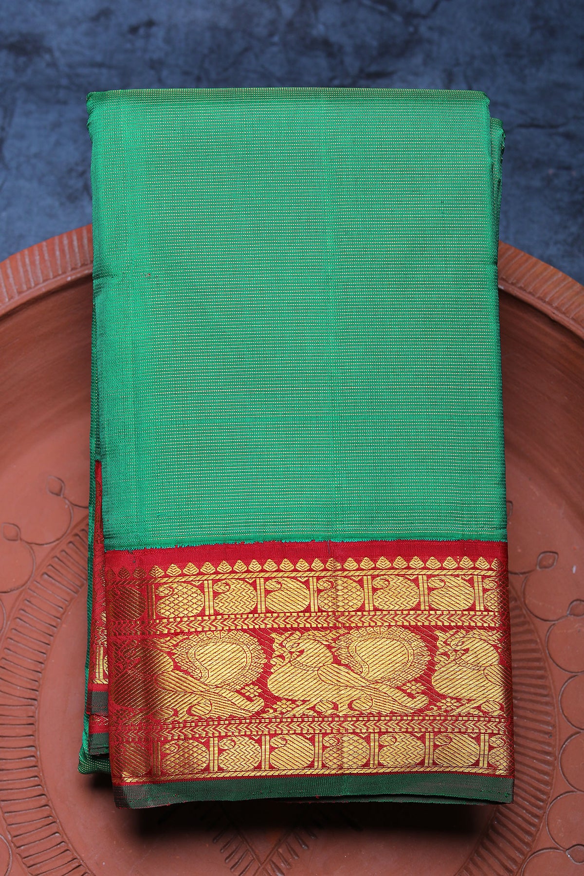 Peacock Korvai Border With Zari Stripes Green Kanchipuram Silk Saree
