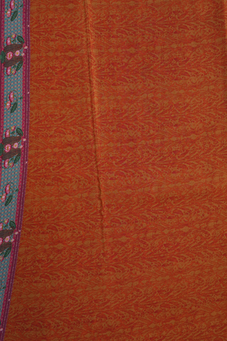 Peacock Lotus Printed Border Ochre Orange Crepe Saree