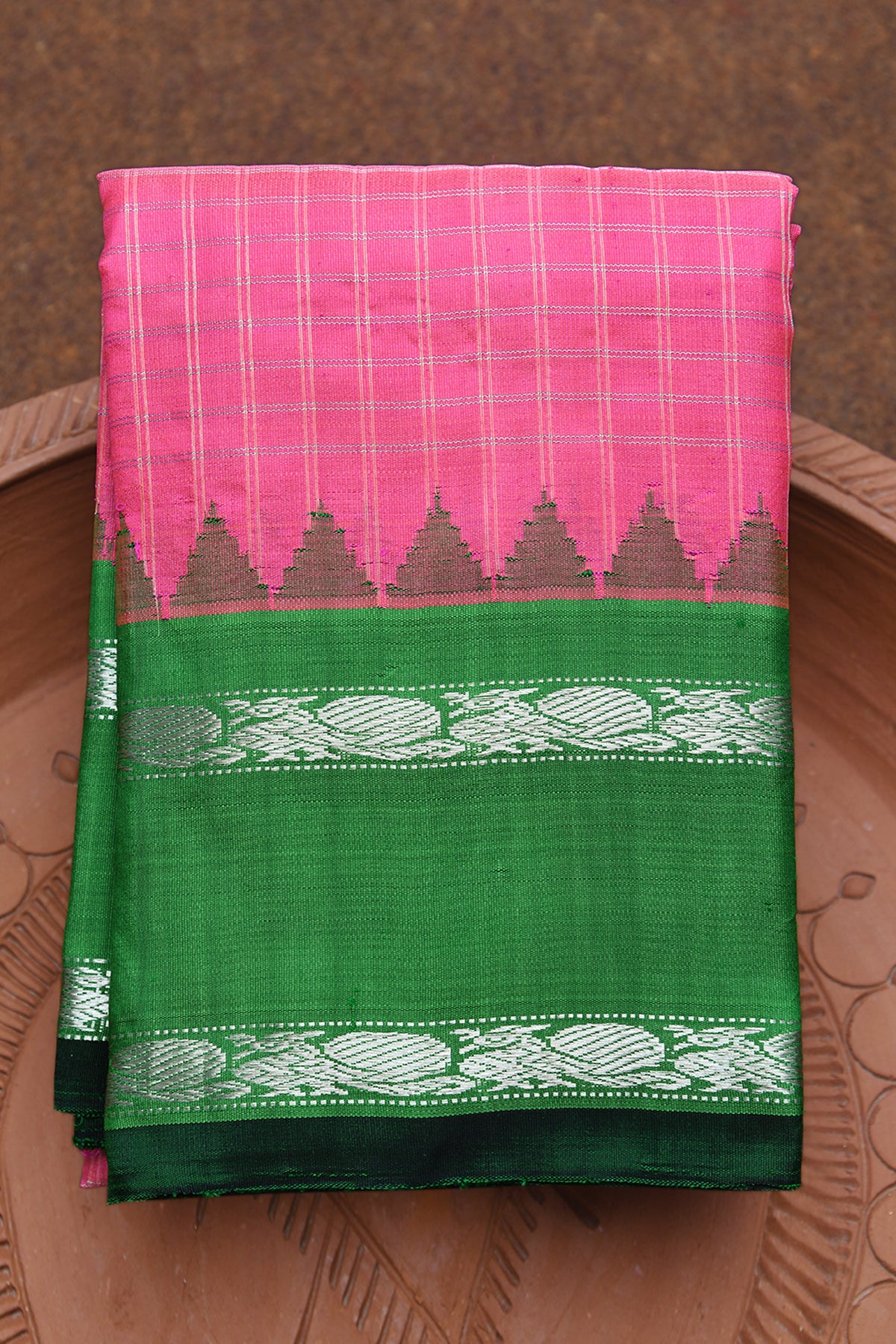 Peacock Silver Zari Rettai Pettu Border Pink Gadwal Silk Saree