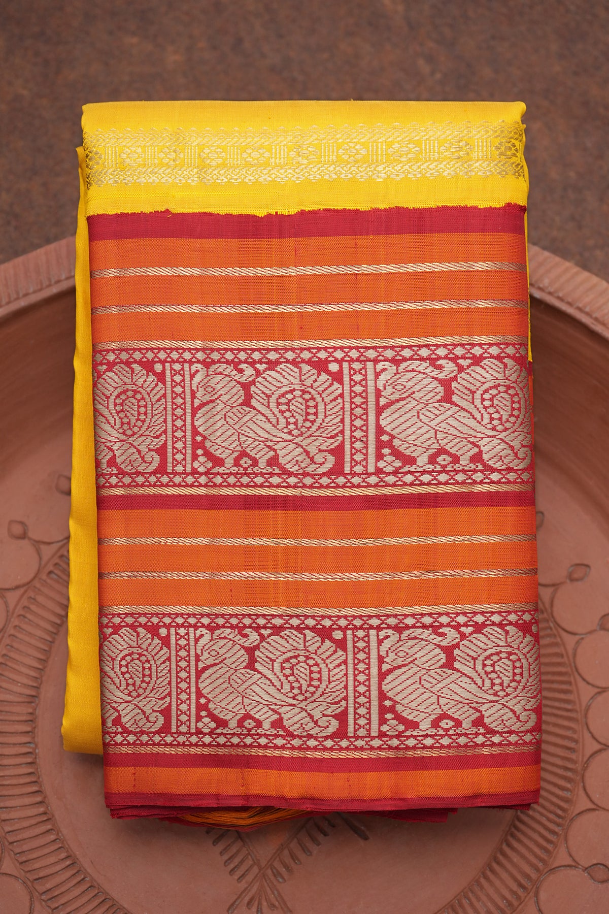 Peacock Threadwork Border Royal Yellow Kanchipuram Silk Saree