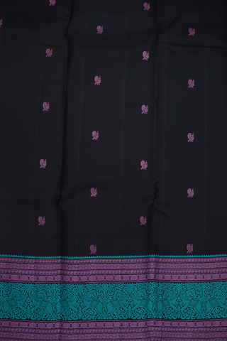 Peacock Threadwork Buttas Black Kanchipuram Silk Saree