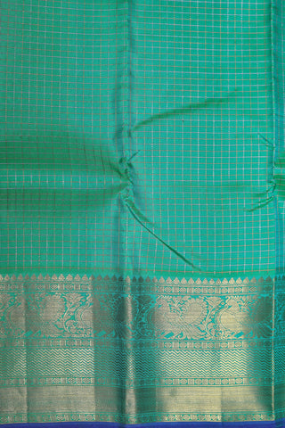 Peacock Zari Border In Checks Mint Green Kanchipuram Silk Saree
