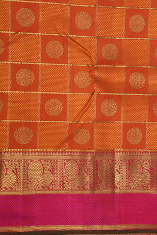 Peacock Zari Border With Checks And Buttas Bright Orange Kanchipuram Silk Saree