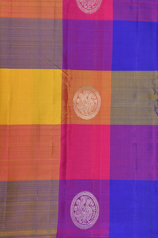 Peacock Zari Butta Multicolor Checks Kanchipuram Silk Saree