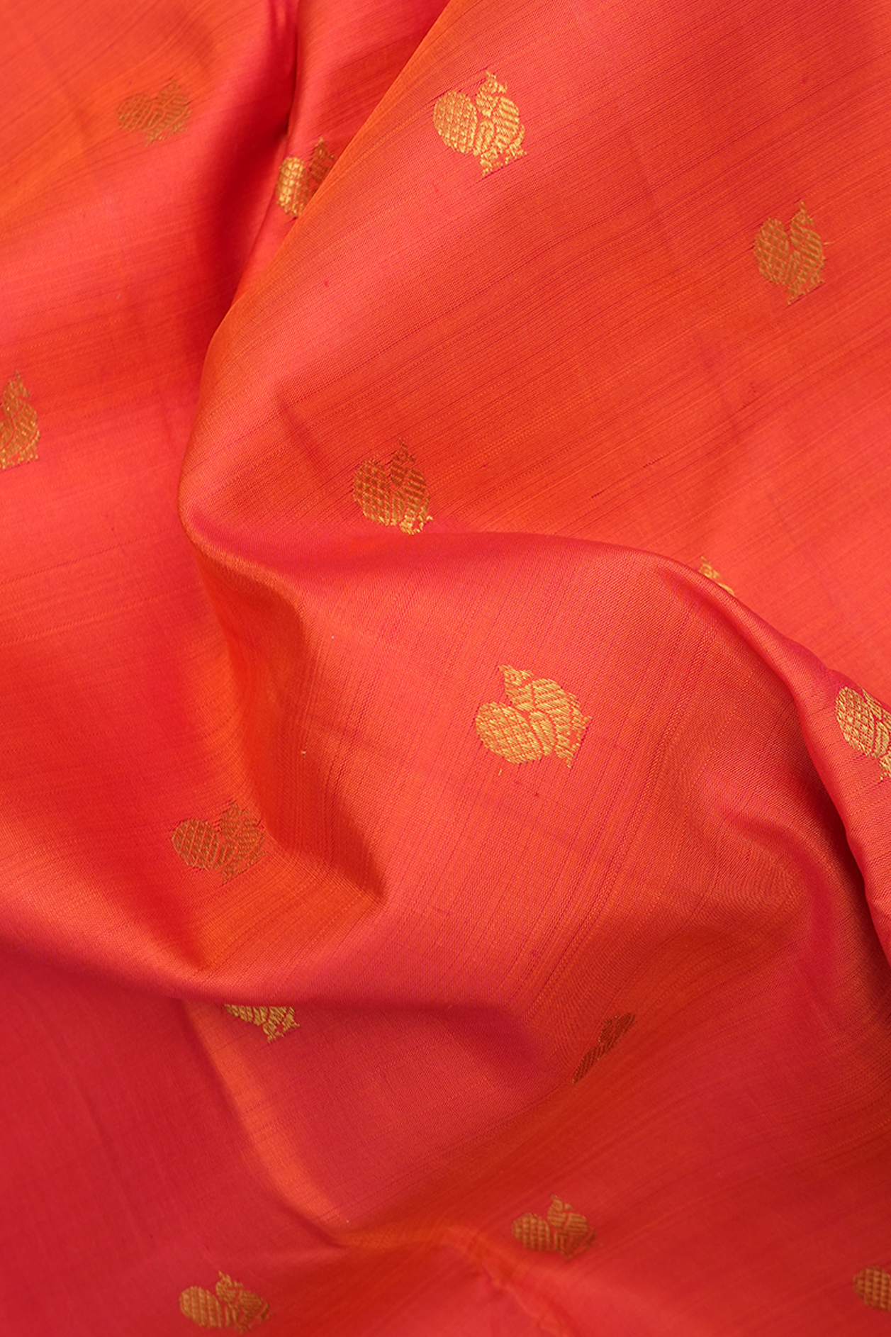 Peacock Zari Buttas Bright Orange Kanchipuram Silk Saree