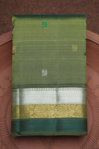 Peacock Zari Buttas Olive Green Kanchipuram Silk Saree