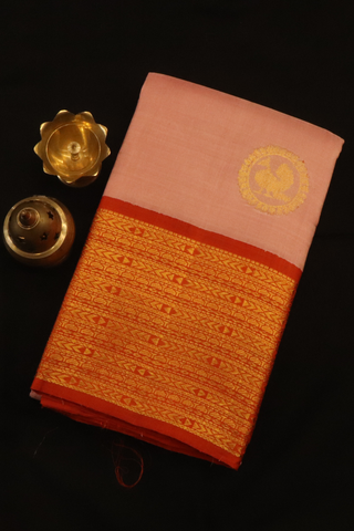 Peacock Zari Motifs Rose Gold Kanchipuram Silk Saree