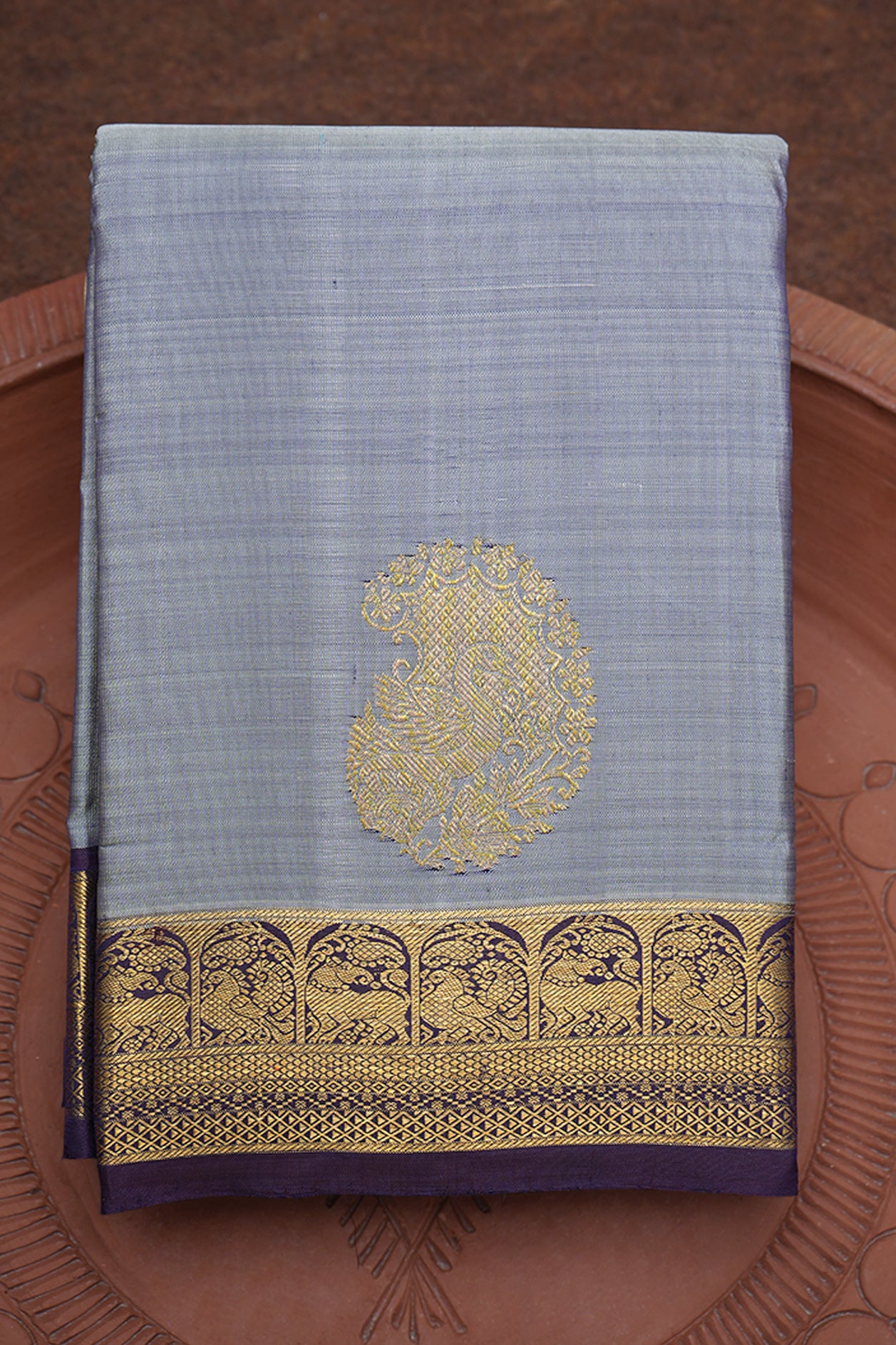 Peacock Zari Motifs Steel Blue Kanchipuram Silk Saree