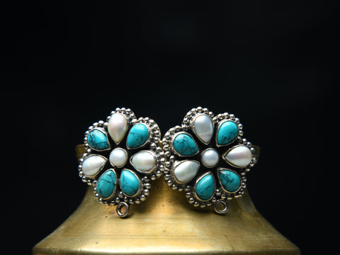 Pearl And Turquoise Stone Oxidised Pure Silver Studs