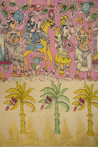 Pink Hand Painted Kalamkari Kanchipuram Silk Saree