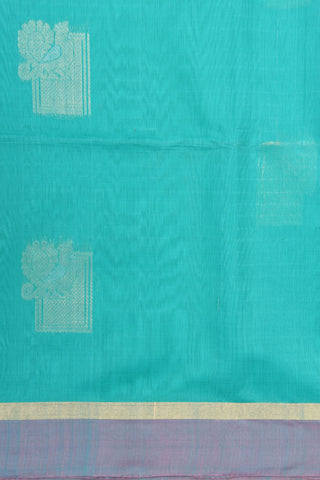 Plain Border With Peacock Butta Teal Green Kora Silk Cotton Saree