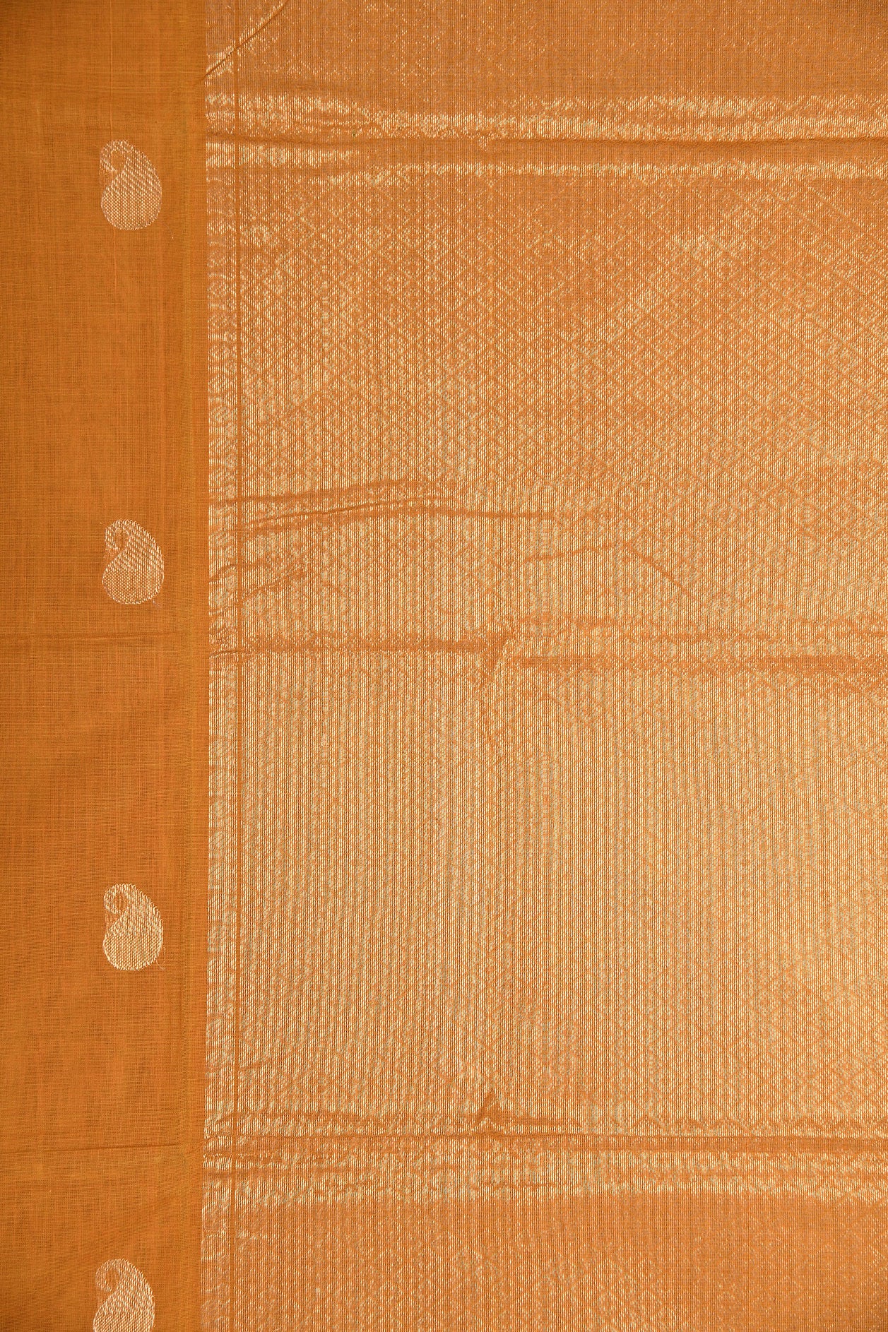 Plain Zari Border With Paisley Butta Ochre Orange Coimbatore Cotton Saree