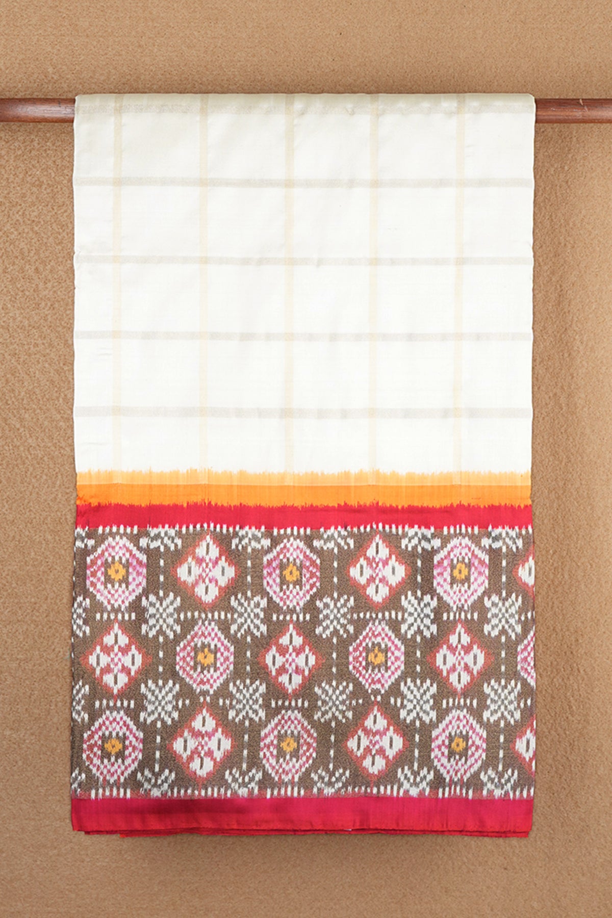 Ikat Design Border With Checked Ivory Pochampally Silk Saree