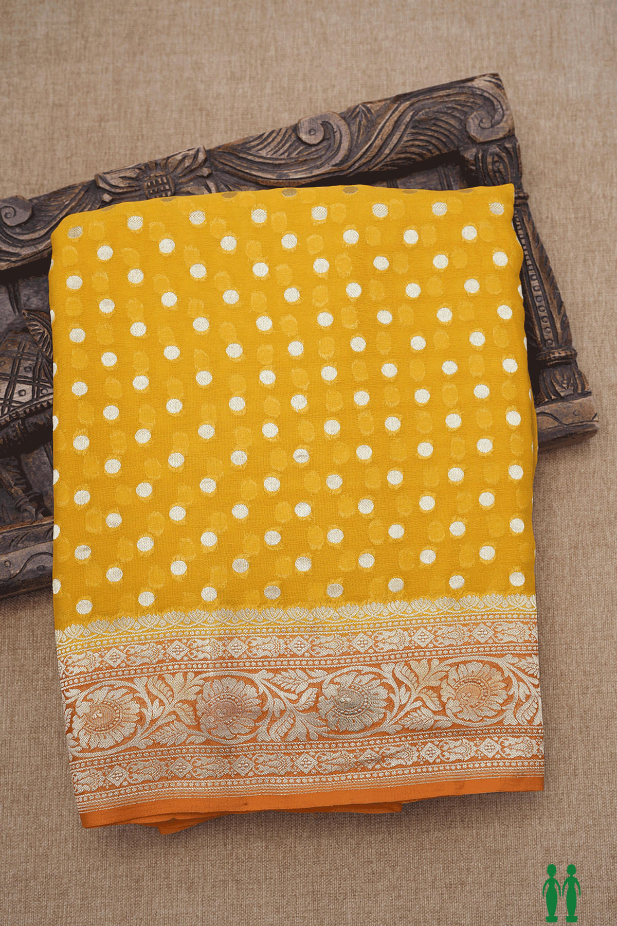 Polka Dots Design Honey Yellow Georgette Banarasi Silk Saree
