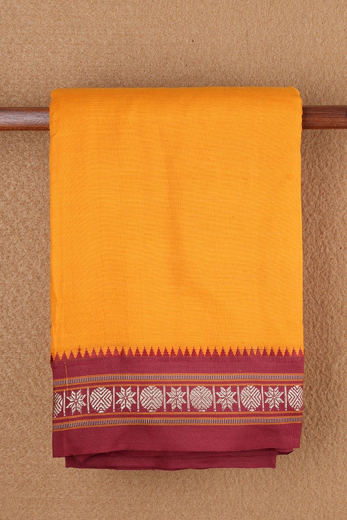 Pown And Star Design Threadwork Border Plain Mango Yellow Dharwad Cotton Saree