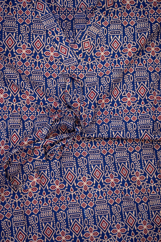 Printed Allover Pattern V-Neck Navy Blue Cotton Kaftan