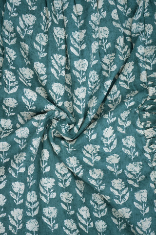 Printed Mul Cotton Square Neck Pastel Teal Green Dress With Waist Tie Up