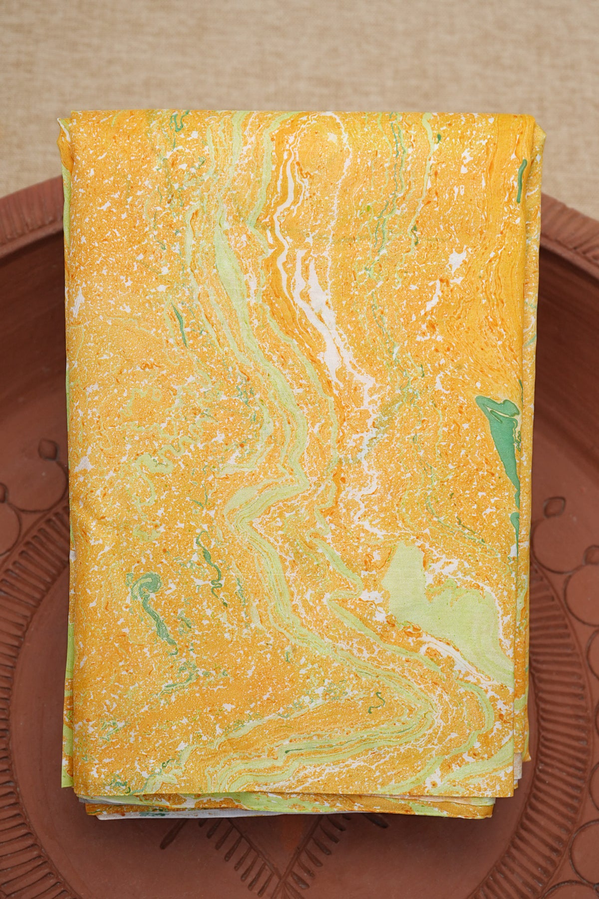 Stone Texture Design Sunrise Orange Color Hand Marble Silk Saree