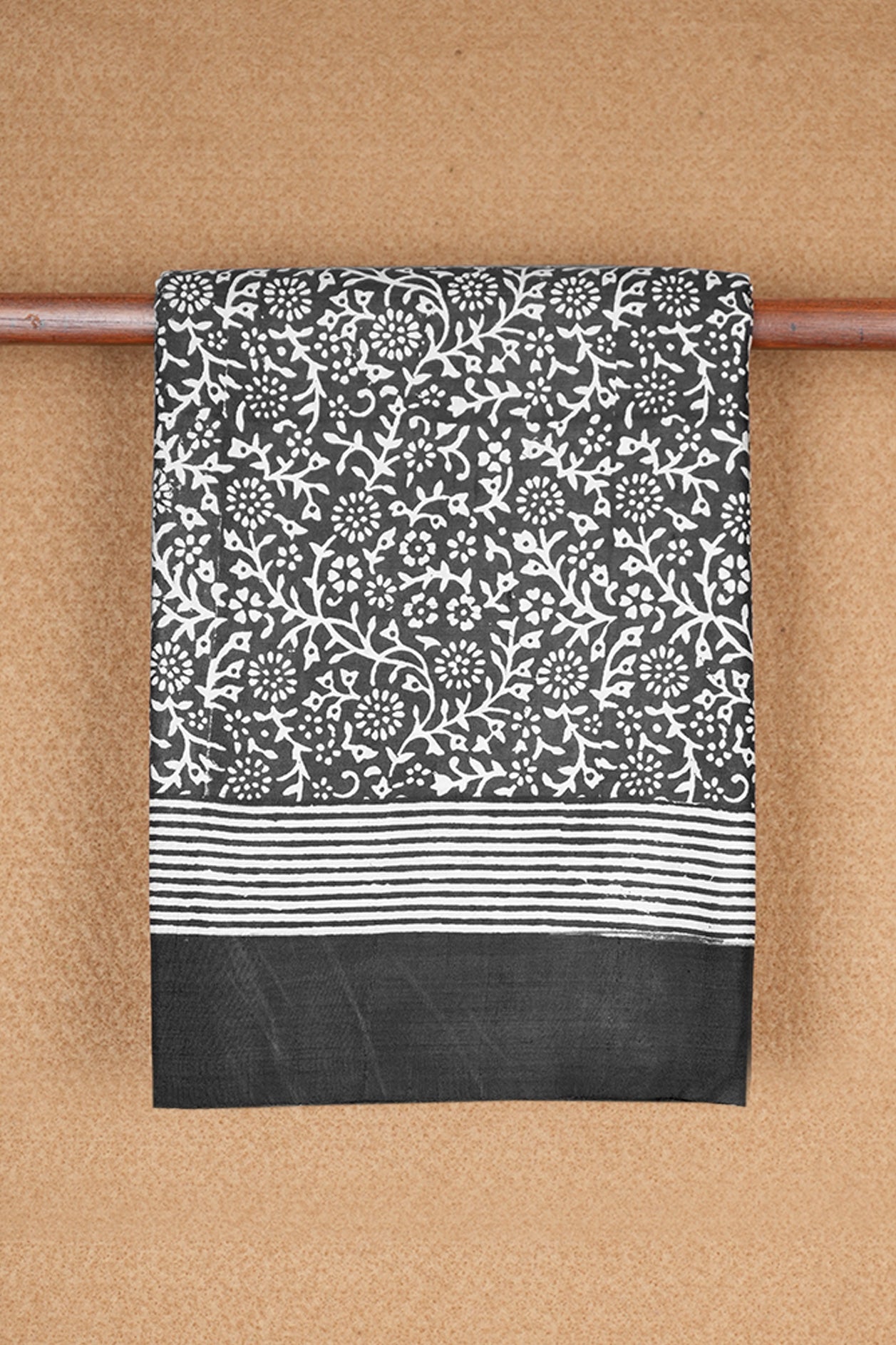 Allover Floral Design Black Printed Silk Saree