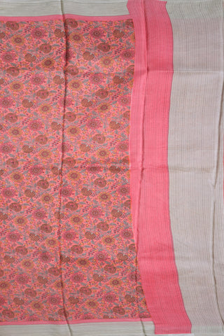 Allover Botanical Design Coral Pink Printed Silk Saree