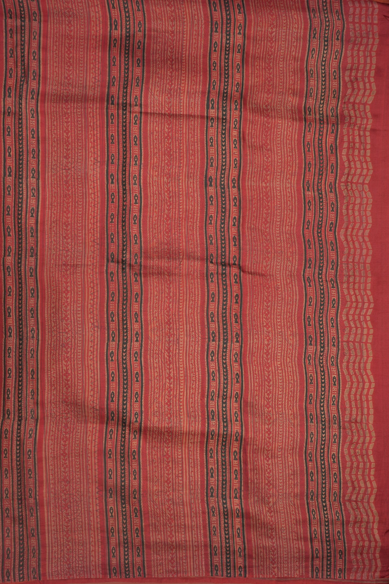 Big Allover Design Border With Plain Brick Red Printed Silk Saree