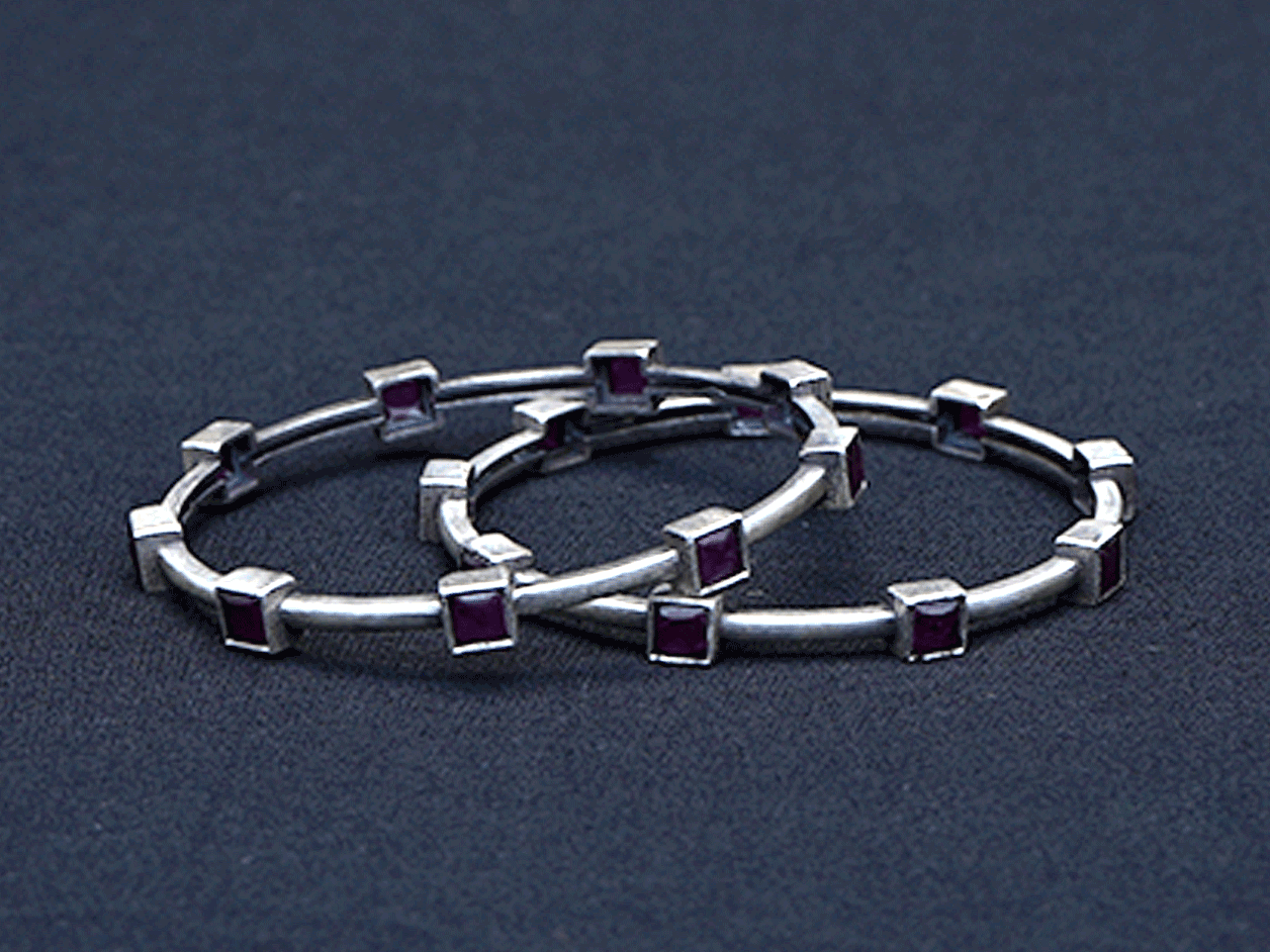 Pure Silver With Oxidized Finishing Red Stone Bangles