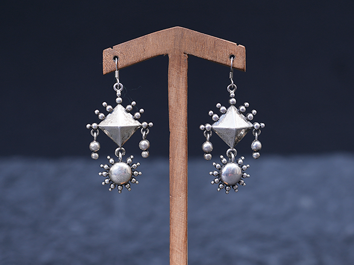 Diamond And Round Design Matte Silver Hook Earrings