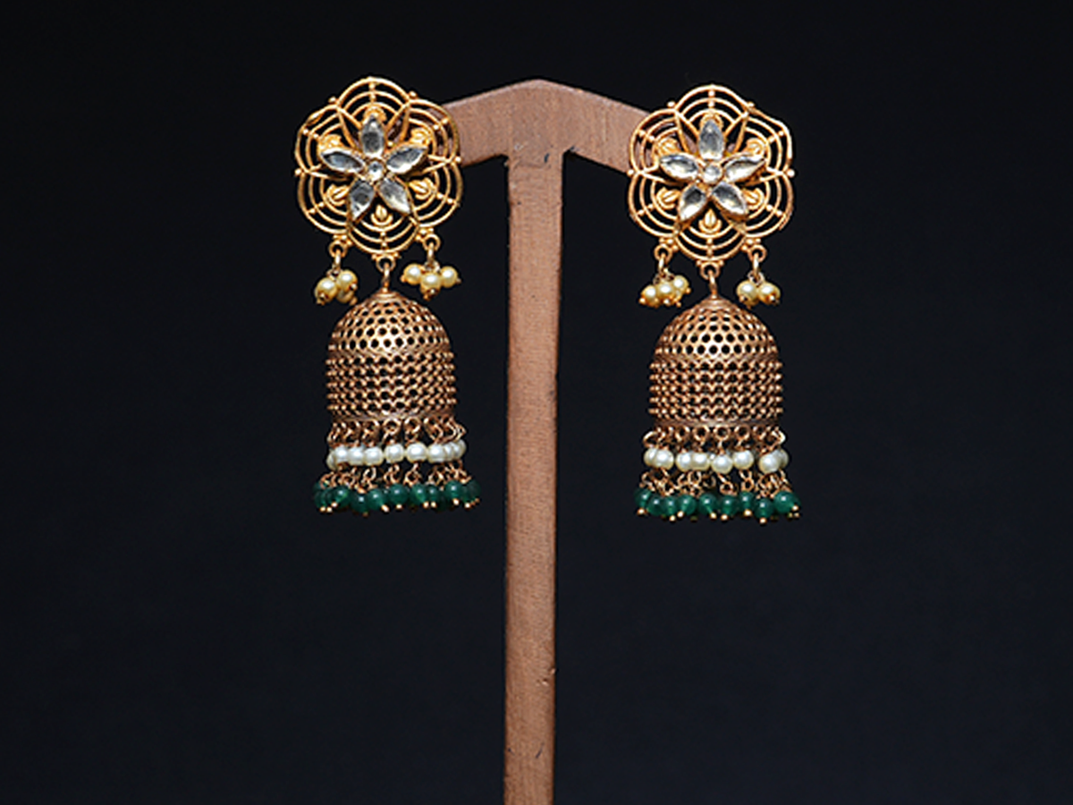 Flower Design With Drops Gold Plated Silver Jhumkas