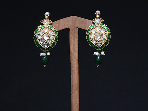 Gold Plated Silver Polki Earrings With Green Enamel