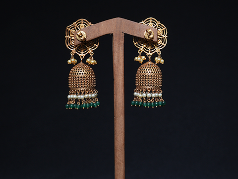 Flower Design With Drops Gold Plated Silver Jhumkas