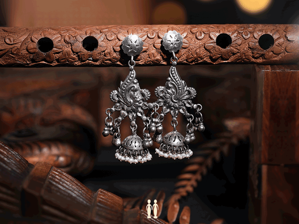 Pure Silver Oxidized Beaded Jhumkas