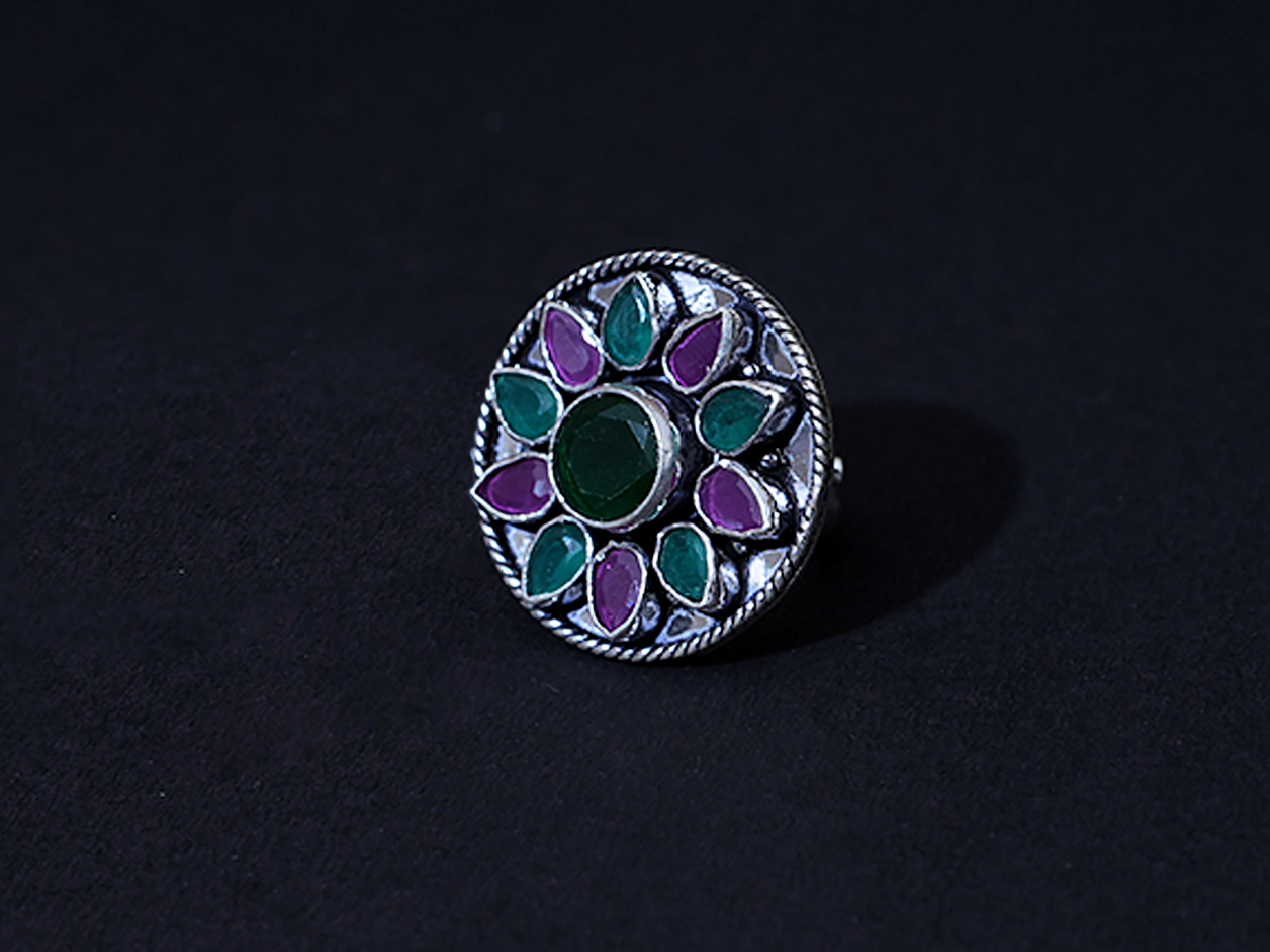 Pure Silver Oxidized Finishing Red And Green Onyx Stone Ring