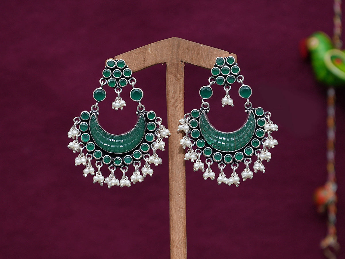 Pure Silver With Green Onyx And White Pearl Earrings