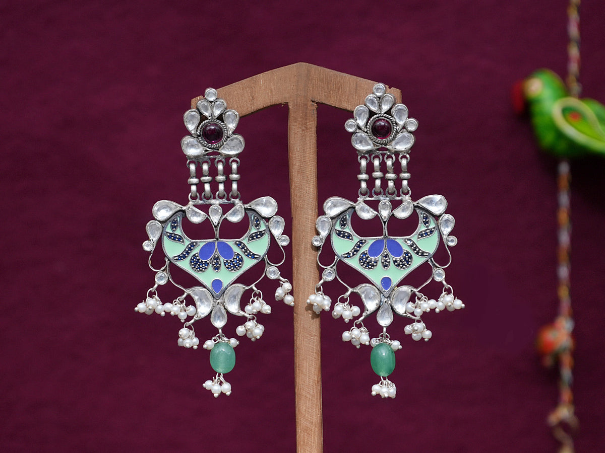 Pure Silver Blue Enamel And Polki With Garnet Stone Earrings