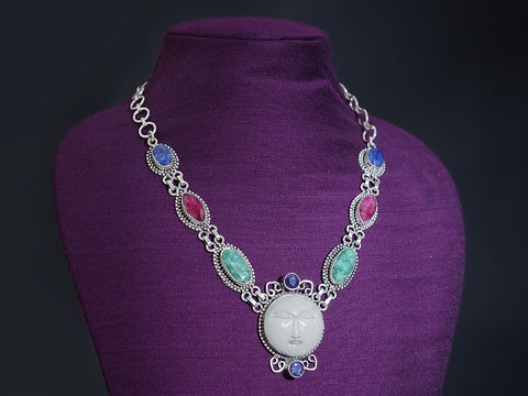 Pure Silver With Oxidized Finishing Blue Sapphire Ruby And Turquoise Blue Stone Light Weight Necklace