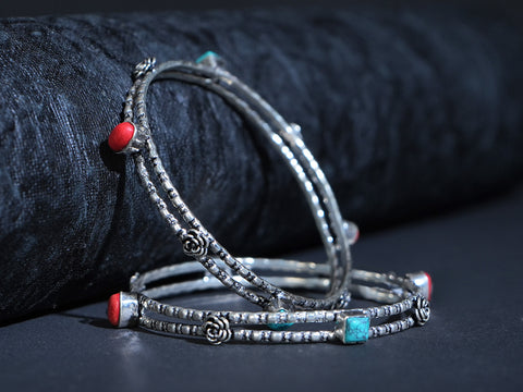 Pure Silver With Coral And Turquoise Blue Stone Flower Design Bangles