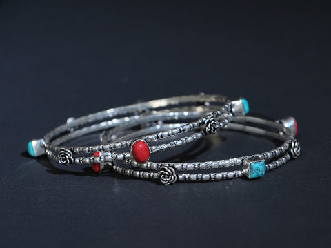 Pure Silver With Coral And Turquoise Blue Stone Flower Design Bangles