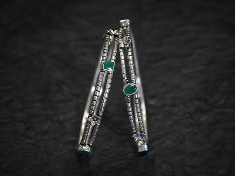 Pure Silver With Oxidized Finishing Green Onyx Bangles